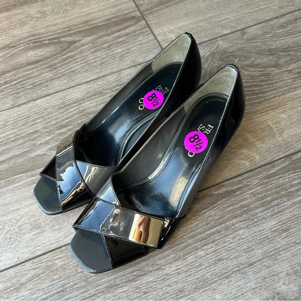 Franco Sarto I- ABIDE Grey Black Patent Leather Open Toe Wedge Pumps